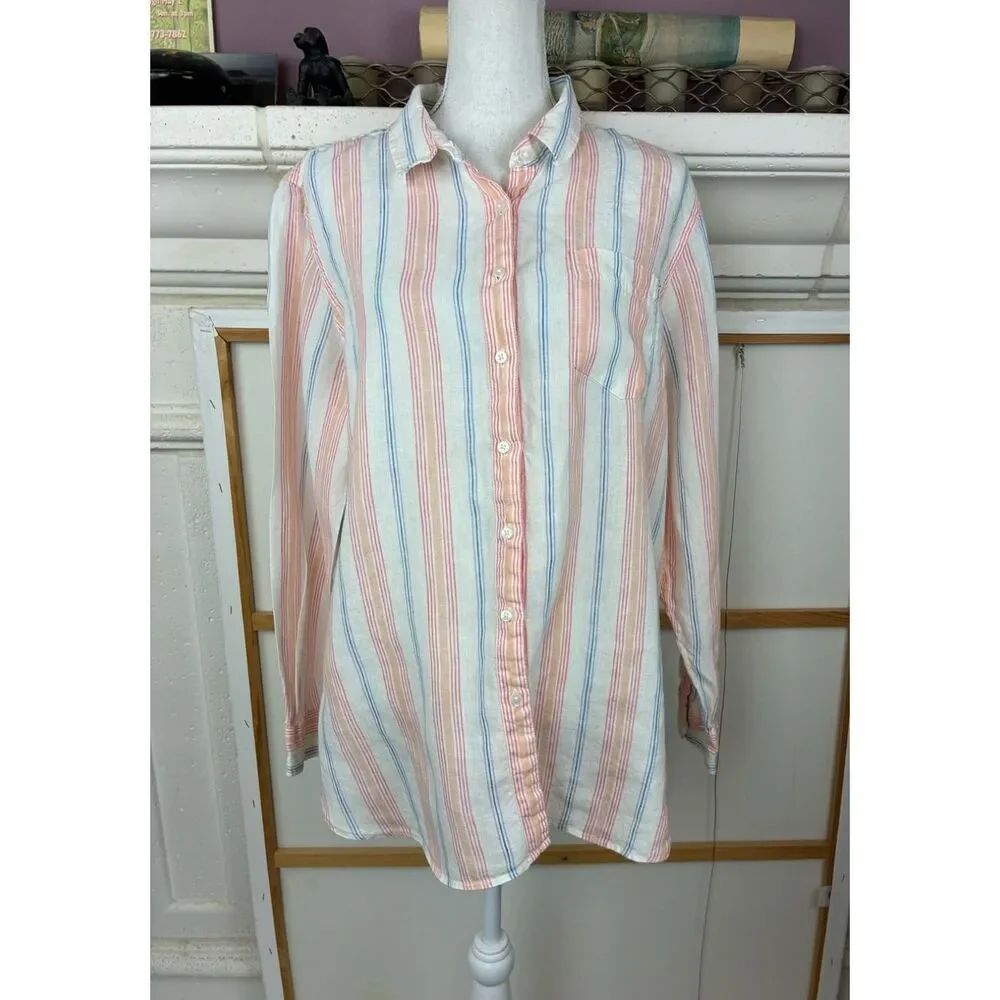 L.L.Bean Linen Striped Longer Button-Up Shirt Coral, Blue, Red Accents